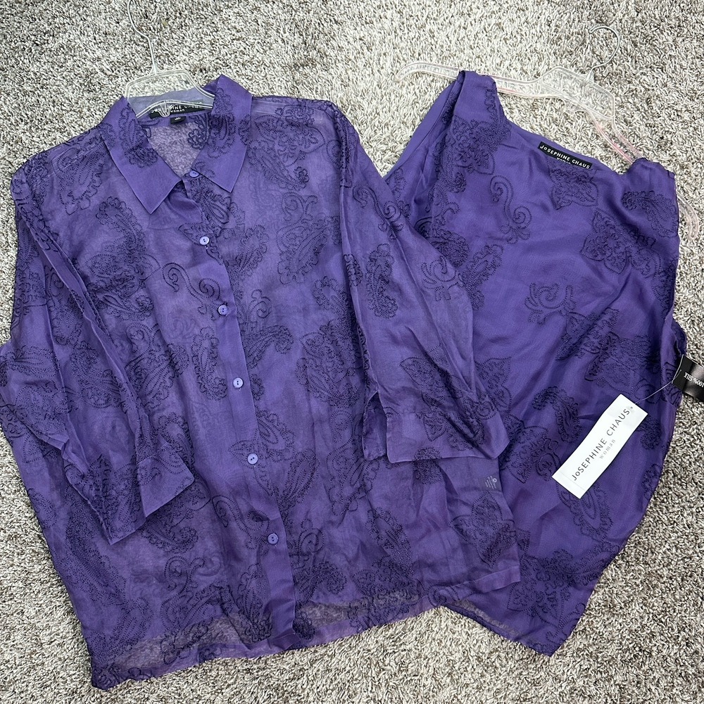 Josephine Chaus Embroidered‎ Silk Button Up Shirt & Tank Set Sz 22W Purple Artsy